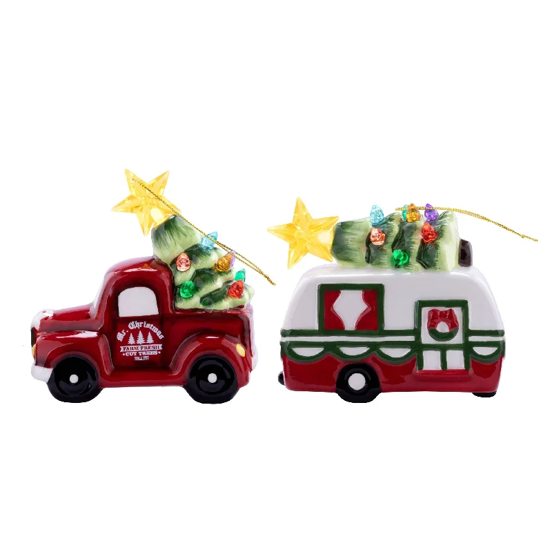 4 in. Set of 2 Ceramic Retro Vehicle Ornaments