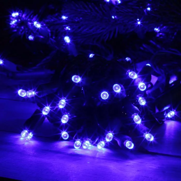 50-light  5mm Blue LED Christmas Lights, Green Wire 6" Spacing