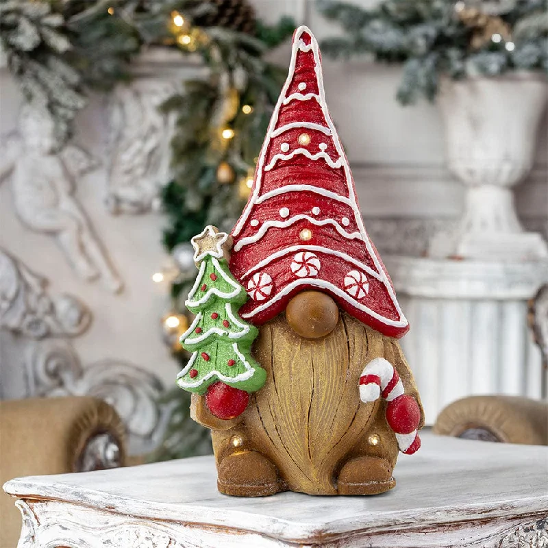 B/O LED Iced Gingerbread Ceramic Gnome with Timer