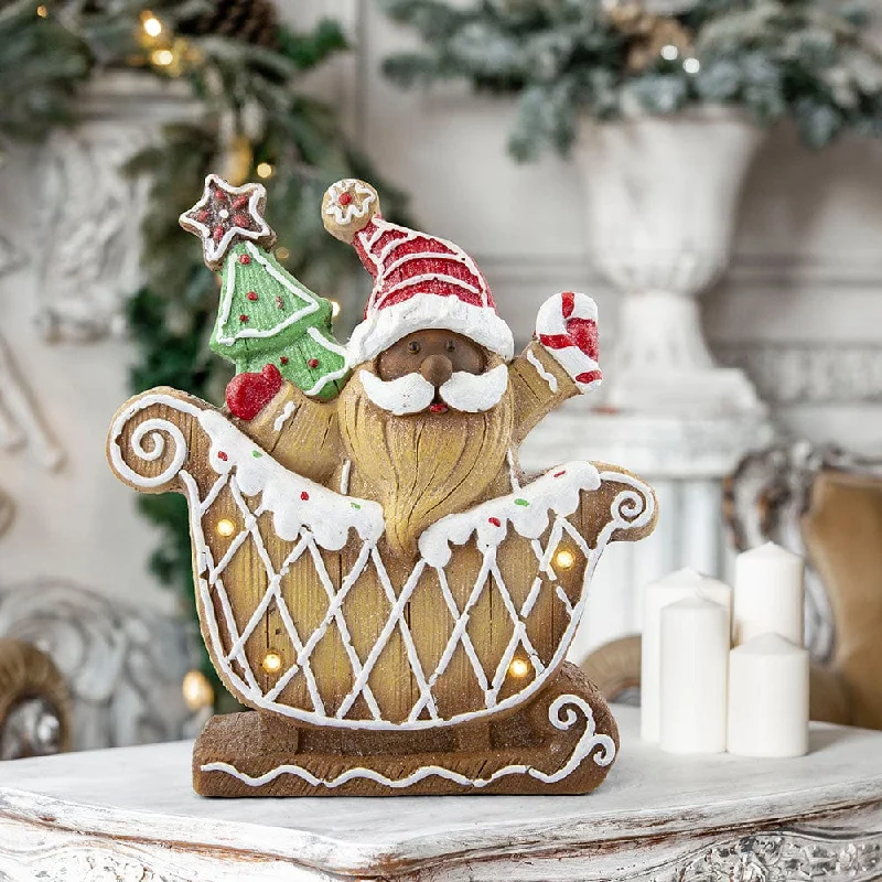 B/O LED Iced Gingerbread Ceramic Santa Sleigh with Timer