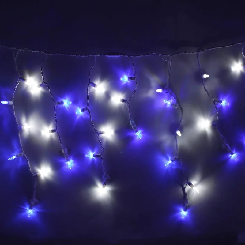 100-light M5 Pure White and Blue LED Icicle Lights, White Wire