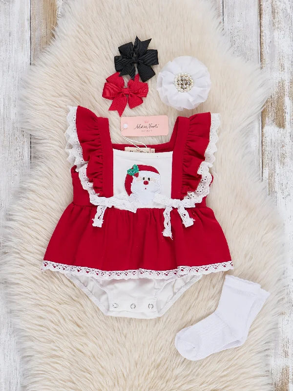 Christmas Red Embroidered Santa Lace Ruffle Bubble