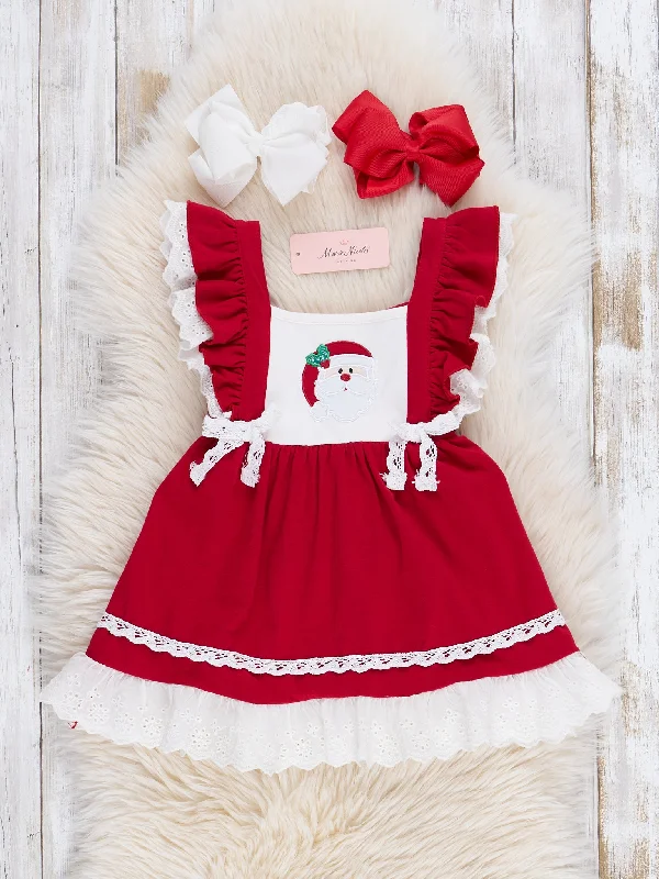 Christmas Red Embroidered Santa Lace Ruffle Dress