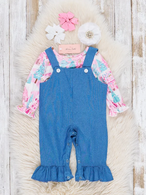 Christmas Village Chambray Overalls Set