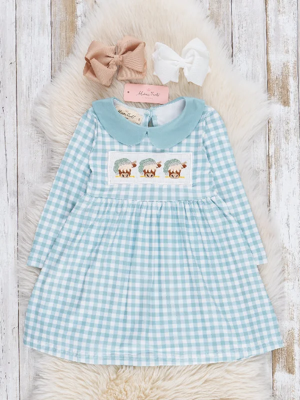 Embroidered Christmas Cow Gingham Dress