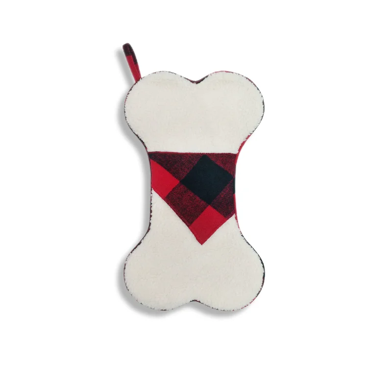 Faux Sherpa Dog Bone Stocking with Red Plaid Bandana Detail