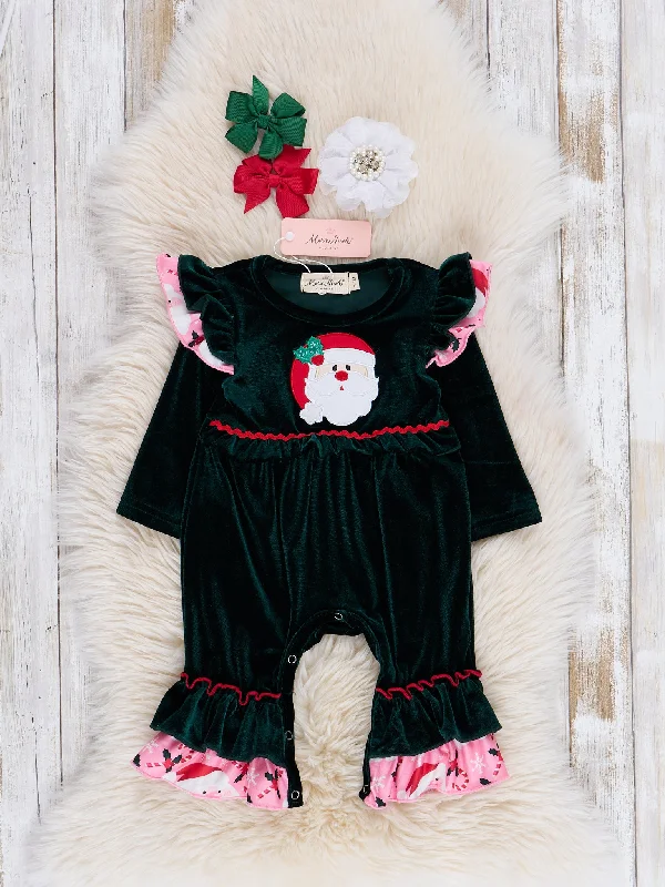 Green Velvet Santa Ruffle Romper