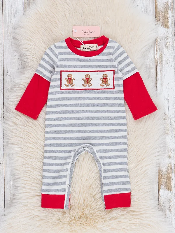 Grey Striped Smocked Gingerbread Romper