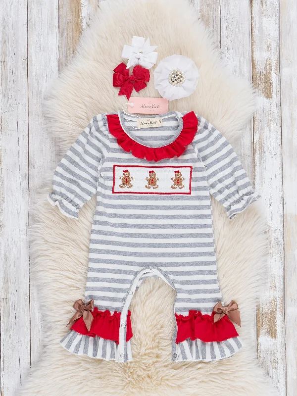 Grey Striped Smocked Gingerbread Ruffle Romper