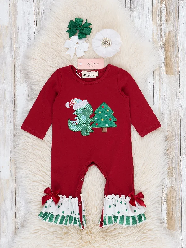 Holiday Dino Striped Ruffle Romper