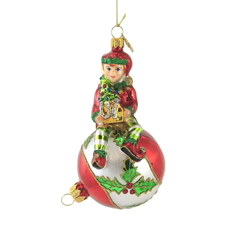 Huras.  Elf On Christmas Ball Ornament, Sprite Holly Floral,  S753