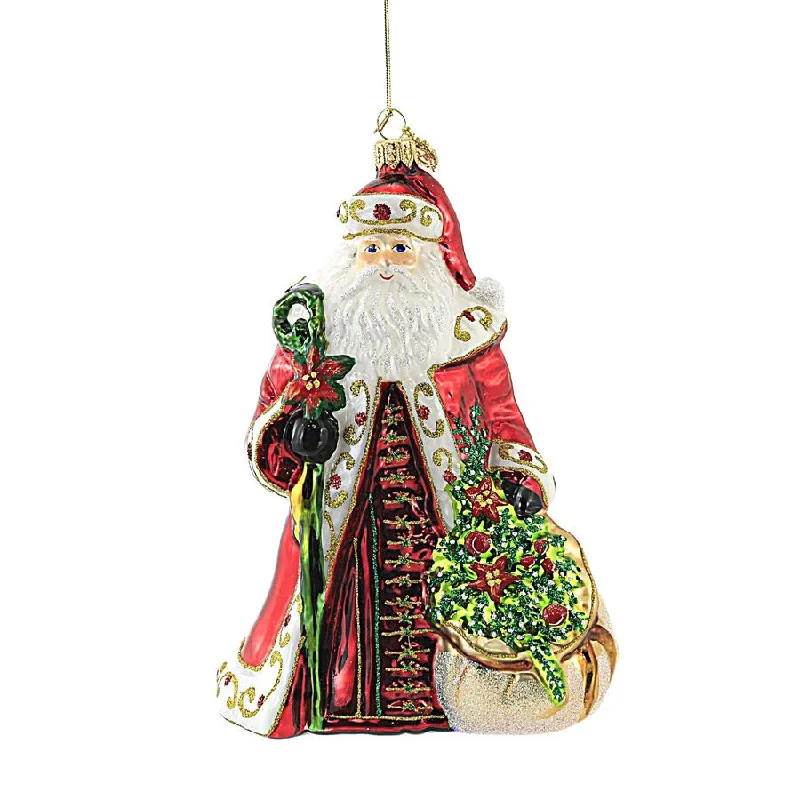 Huras, Santa With Poinsettias Wreaths Glass Ornament Floral Christmas, S589a