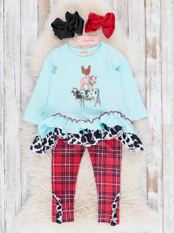 Ice Blue Farm Friends Plaid Ruffle Outfit