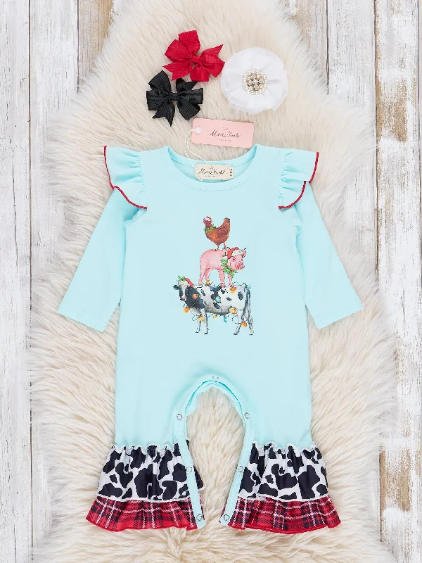 Ice Blue Farm Friends Plaid Ruffle Romper