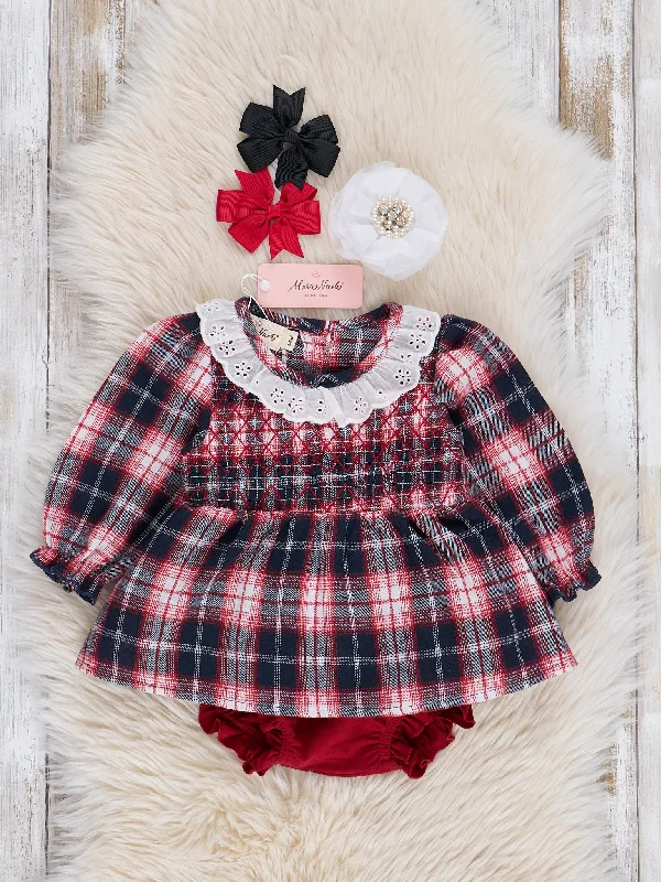 Navy & Burgundy Joyous Plaid Smocked Bloomers Outfit