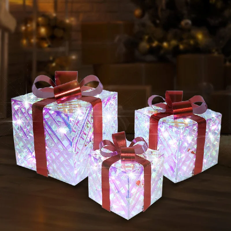 LED Iridescent Presents with Red Bow (3pc)