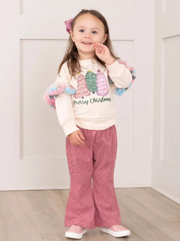 Mauve Christmas Pom Poms Flare Pants Outfit