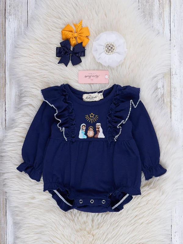 Midnight Blue & Tan Gingham Embroidered Nativity Ruffle Bubble