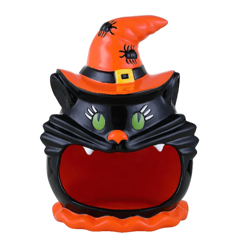 12" Motion Activated Ceramic Black Cat Candy Bowl