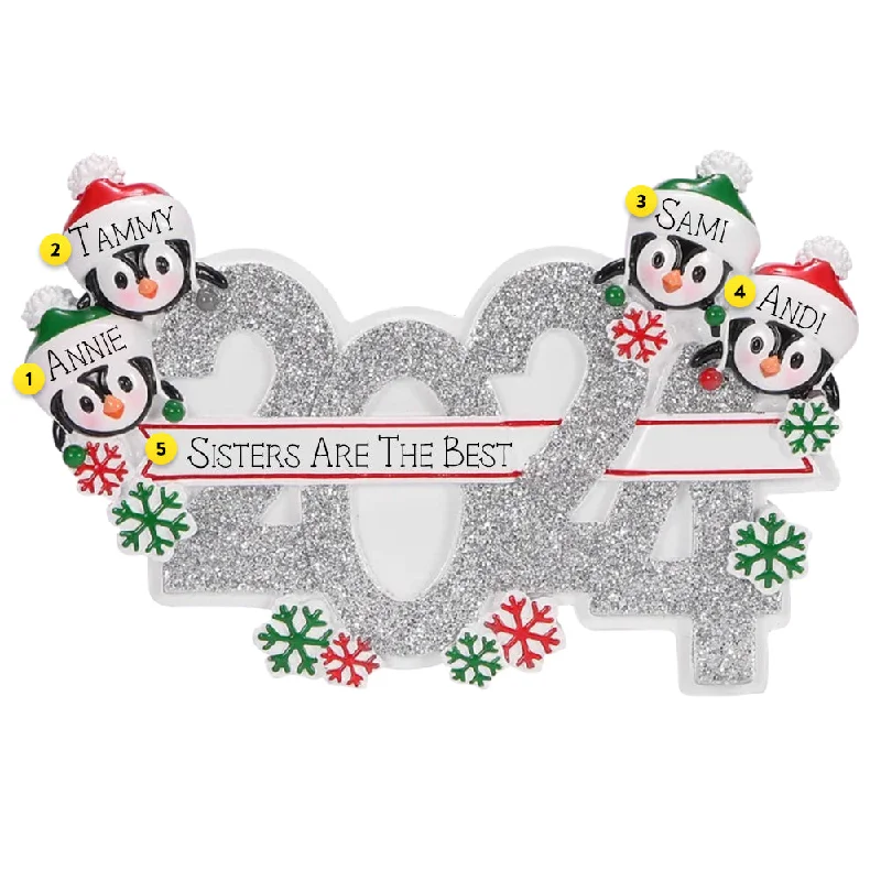 Personalized 2024 Penguin Family of 4 Ornament