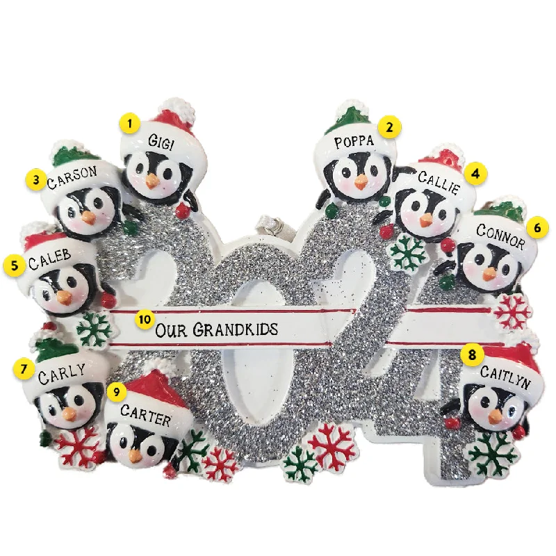 Personalized 2024 Penguin Family of 9 Ornament