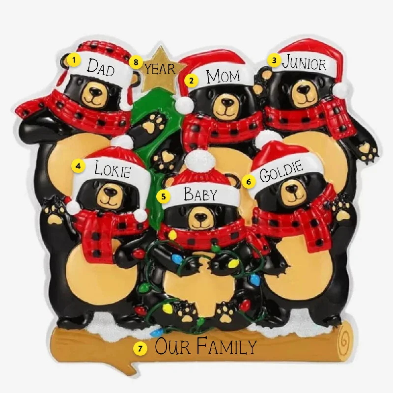 Personalized Black Bear Family of 6 with Lights Ornament