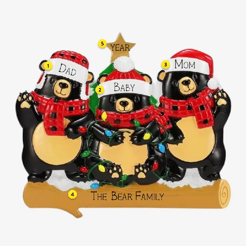 Personalized Black Bear Family of 3 with Lights Ornament