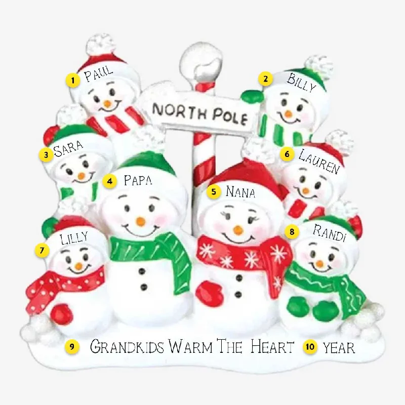 Personalized North Pole Snowman Family of 8 Table Top Decoration