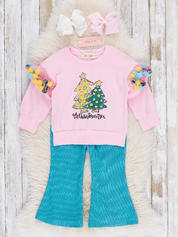 Pink Christmas Pom Poms Flare Pants Outfit