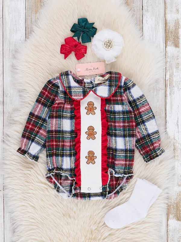 Red & Green Plaid Embroidered Gingerbread Ruffle Bubble