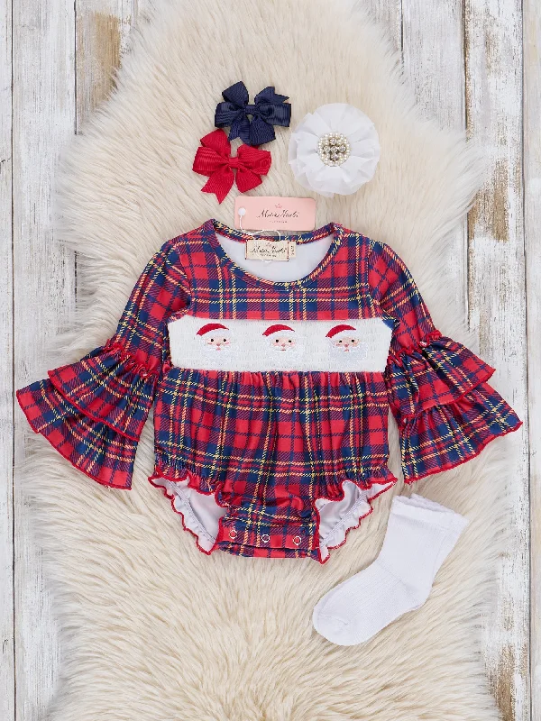 Red & Navy Holiday Plaid Smocked Santa Bubble