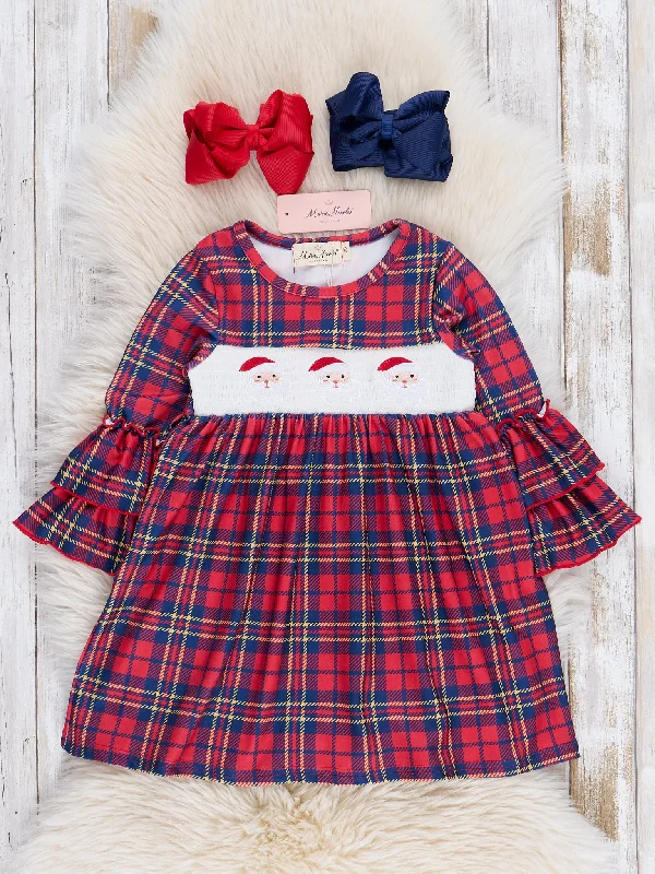 Red & Navy Holiday Plaid Smocked Santa Dress