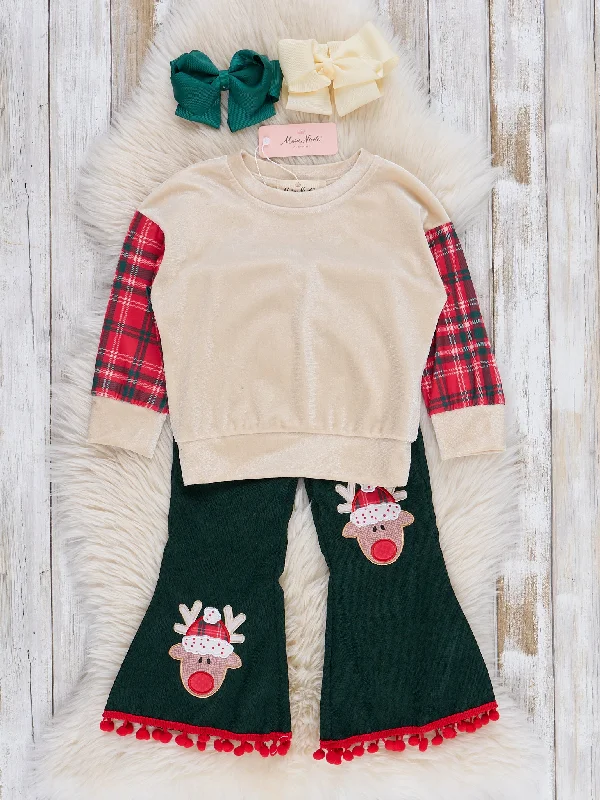 Red Plaid & Green Reindeer Cheer Bell Bottoms Outfit