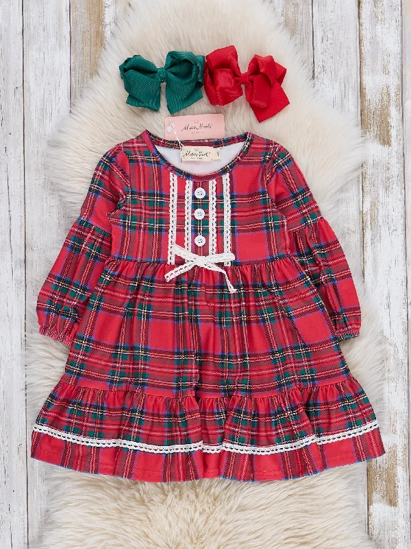 Red Plaid Lace Trim Dress