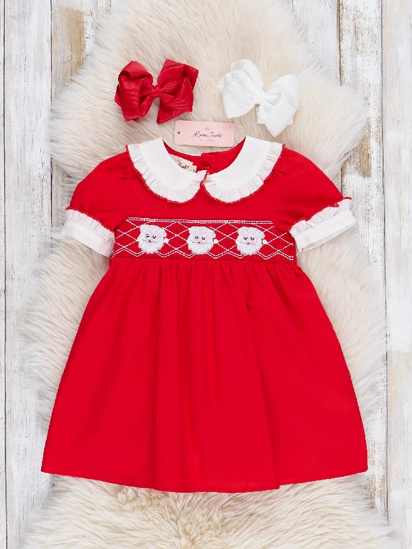 Red Smocked Santa Lace Trim Dress