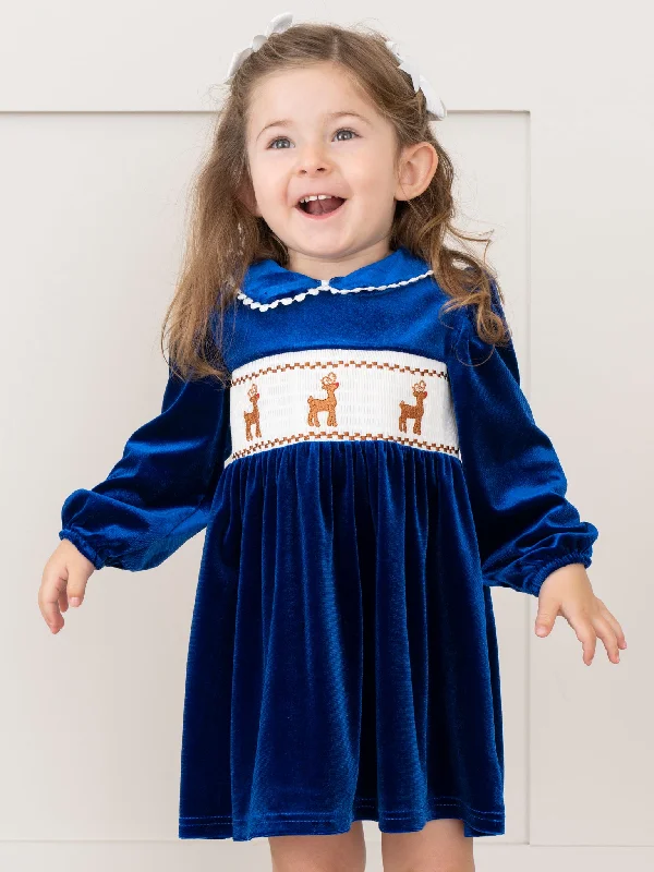 Royal Blue Smocked Reindeer Velvet Dress