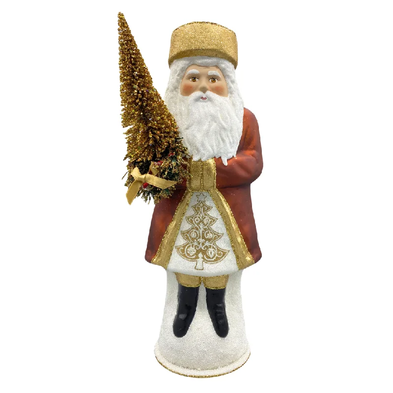 Santa in Russian Hat, Paper Mache Candy Container, copper with ornate gold tree, by Ino Schaller