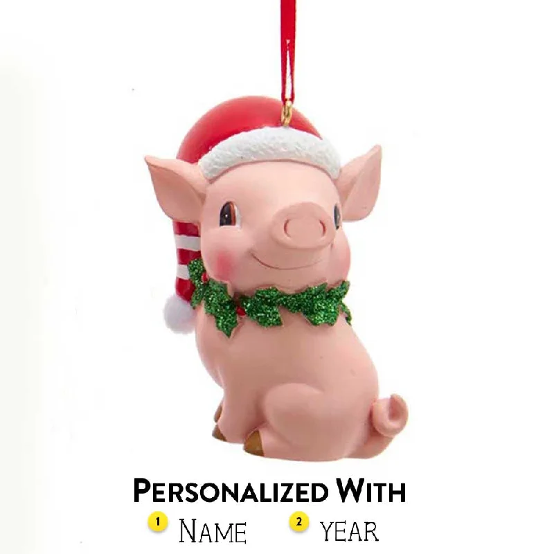 Personalized Sitting Pig with Santa Hat Ornament