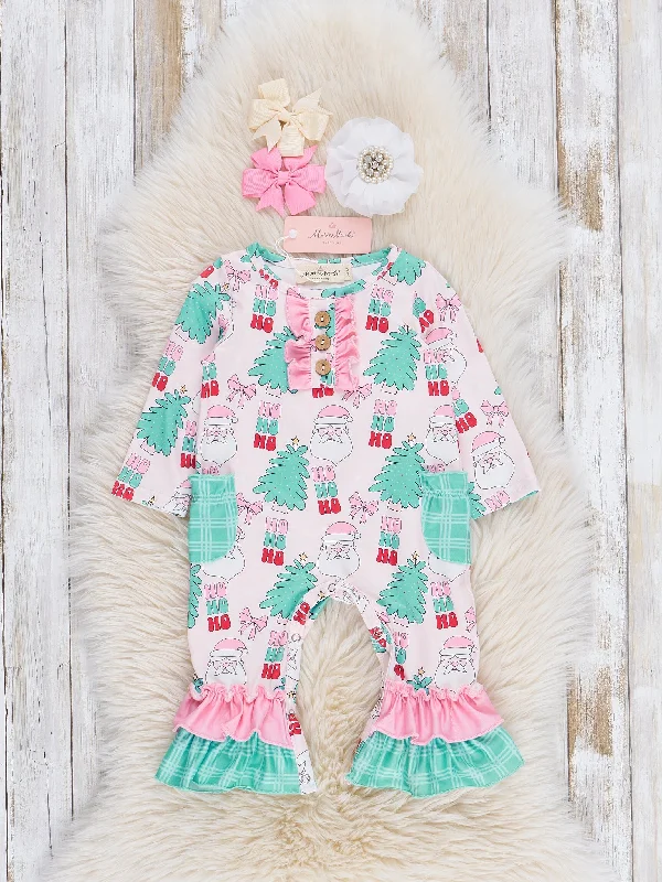 Soft Pink & Teal Jolly Ruffle Romper