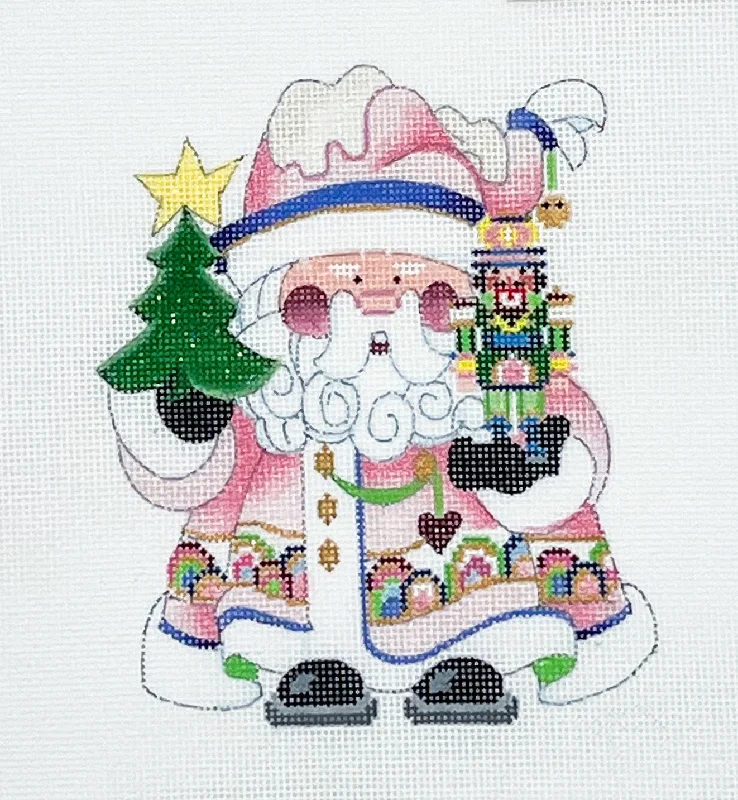 Squatty Santa with Pink Coat Holding Nutcracker