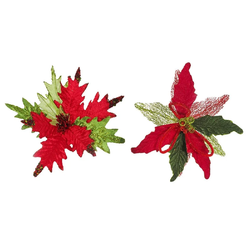 Vibrant Green-Red Poinsettia Clip Asst