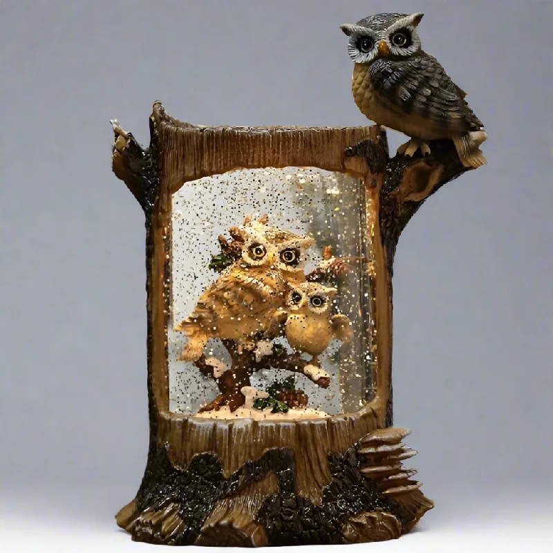 Lighted Swirl Log W/ Owl Family Scene, 10"