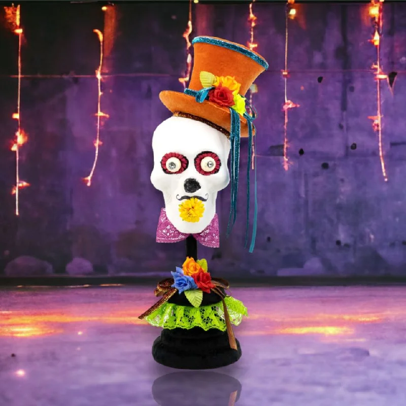 21" Skeleton w/Orange Hat on Pedestal