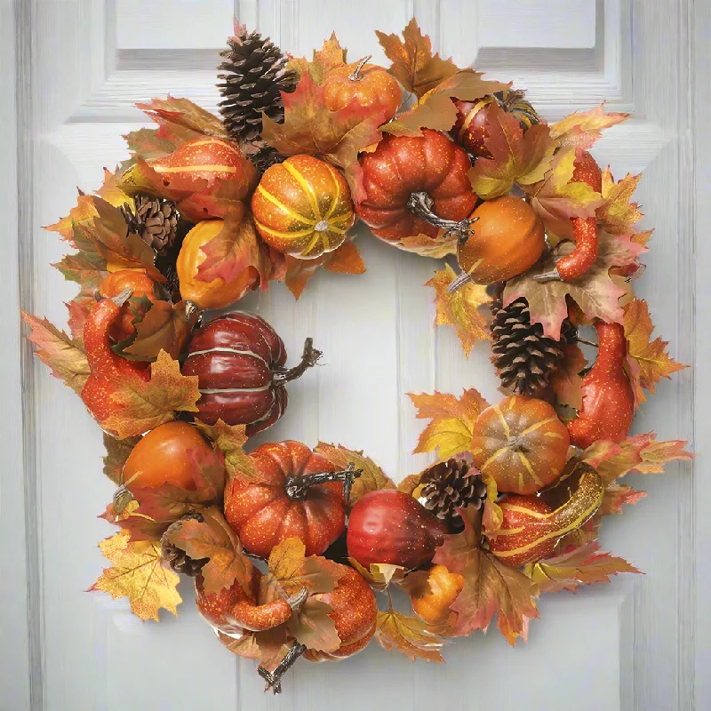 22" Pumpkin & Pine Cone Wreath, Orange / Brown