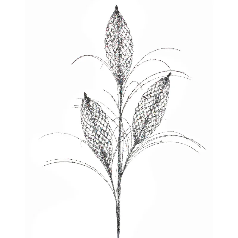 Glitter and Sequin Mesh Magnolia Leaf Spray, 34" (Silver)