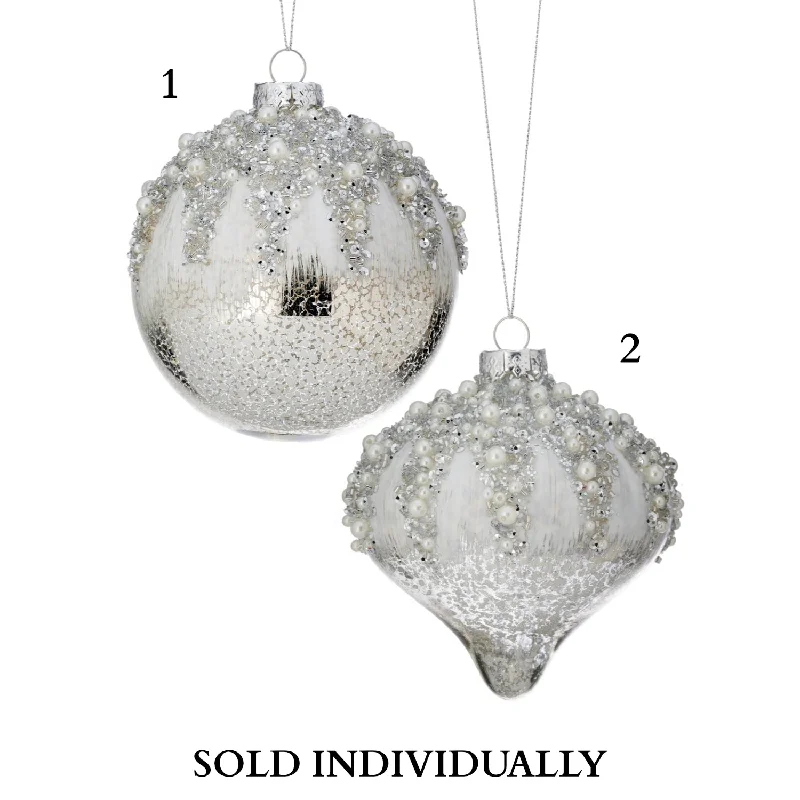 Mercury Glass Pearl/Jewel Ball & Finial Ornament, 4" (2 Styles - Sold Individually)