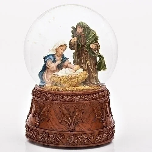 Musical Holy Family Snow Globe W/ Carved Wood Base, 6.7"