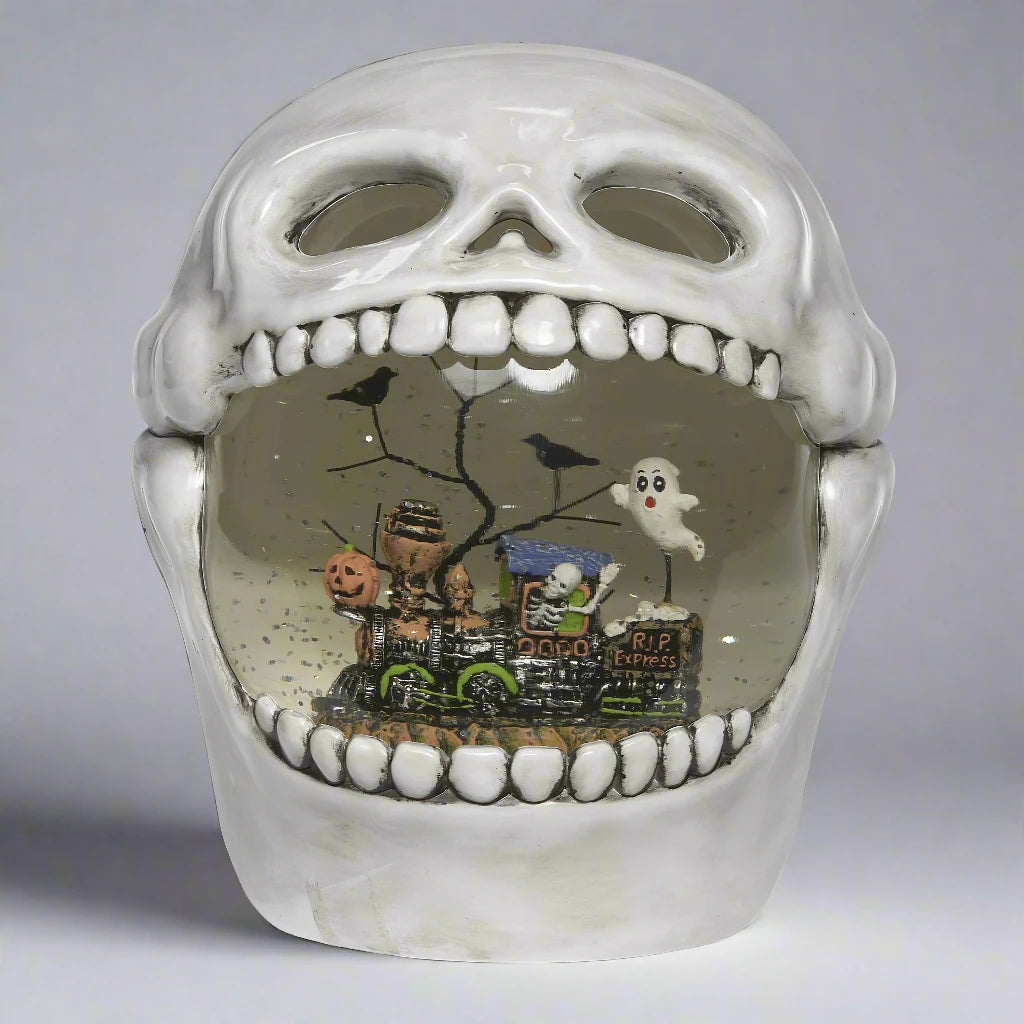 Lighted Skull Swirl Snow Globe, Halloween Train Scene, 7.25"