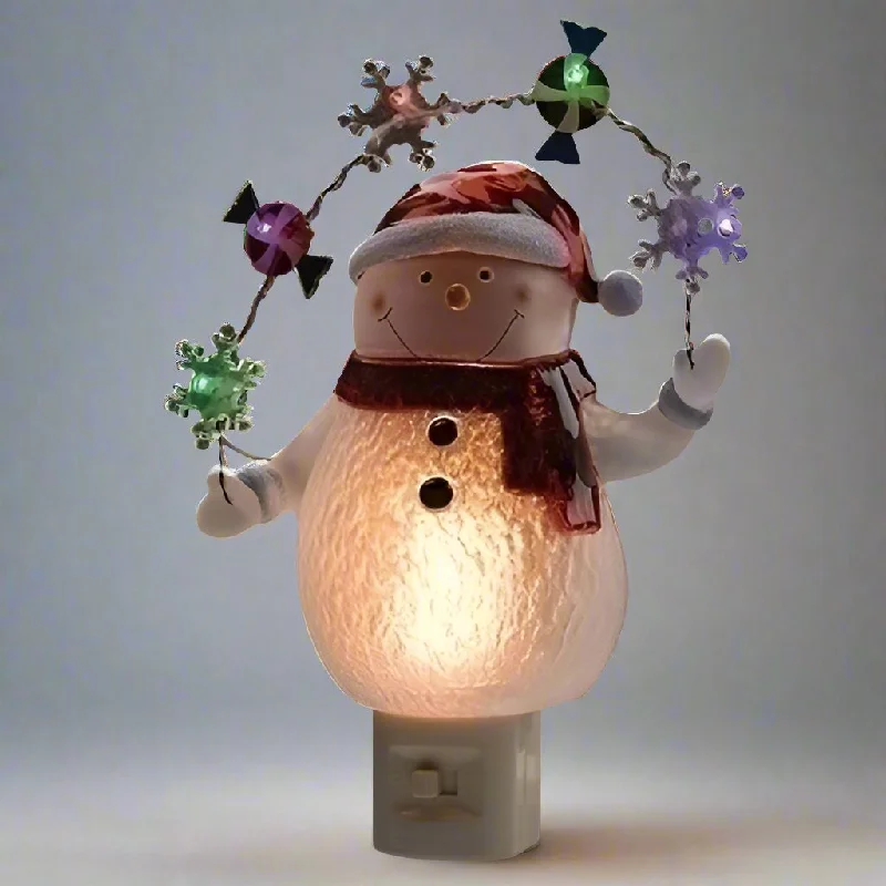 Snowman Bubble Night Light With LED Decorative Candy And Snowflake Garland, 7.7"