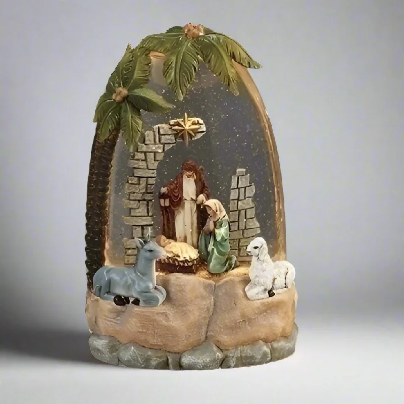 Lighted Holy Family W/ Palm Tree Snow Globe, 8.5"